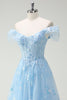 Load image into Gallery viewer, Sparkly Sky Blue Off The Shoulder A-Line Prom Dress with Slit