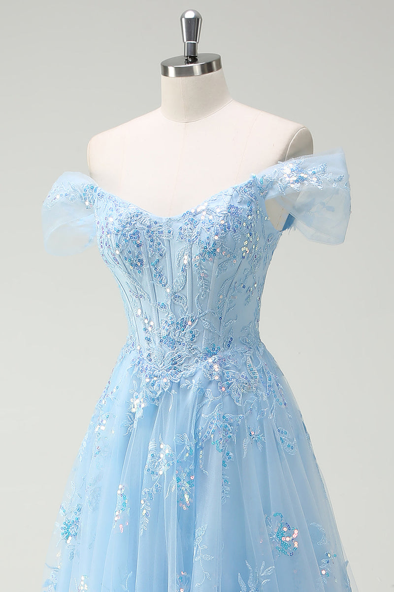 Load image into Gallery viewer, Sparkly Sky Blue Off The Shoulder A-Line Prom Dress with Slit