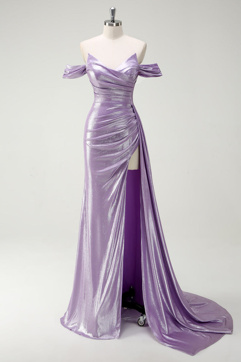 Load image into Gallery viewer, Glitter Off The Shoulder Lilac Ruched Side Cape Prom Dress with Slit