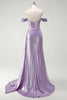 Load image into Gallery viewer, Glitter Off The Shoulder Lilac Ruched Side Cape Prom Dress with Slit