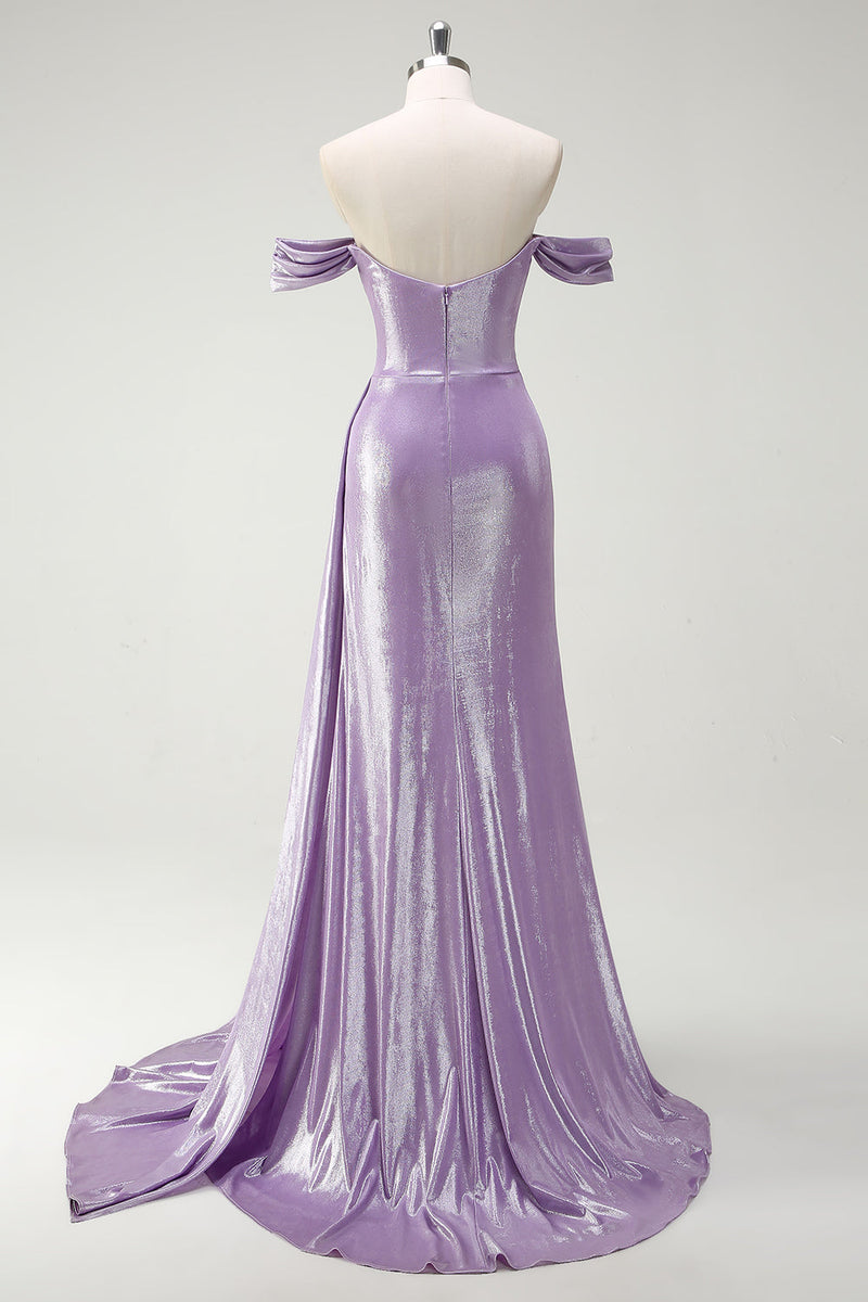 Load image into Gallery viewer, Glitter Off The Shoulder Lilac Ruched Side Cape Prom Dress with Slit