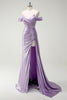 Load image into Gallery viewer, Glitter Off The Shoulder Lilac Ruched Side Cape Prom Dress with Slit