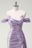 Load image into Gallery viewer, Glitter Off The Shoulder Lilac Ruched Side Cape Prom Dress with Slit