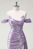 Glitter Off The Shoulder Lilac Ruched Side Cape Prom Dress with Slit
