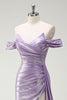 Load image into Gallery viewer, Glitter Off The Shoulder Lilac Ruched Side Cape Prom Dress with Slit