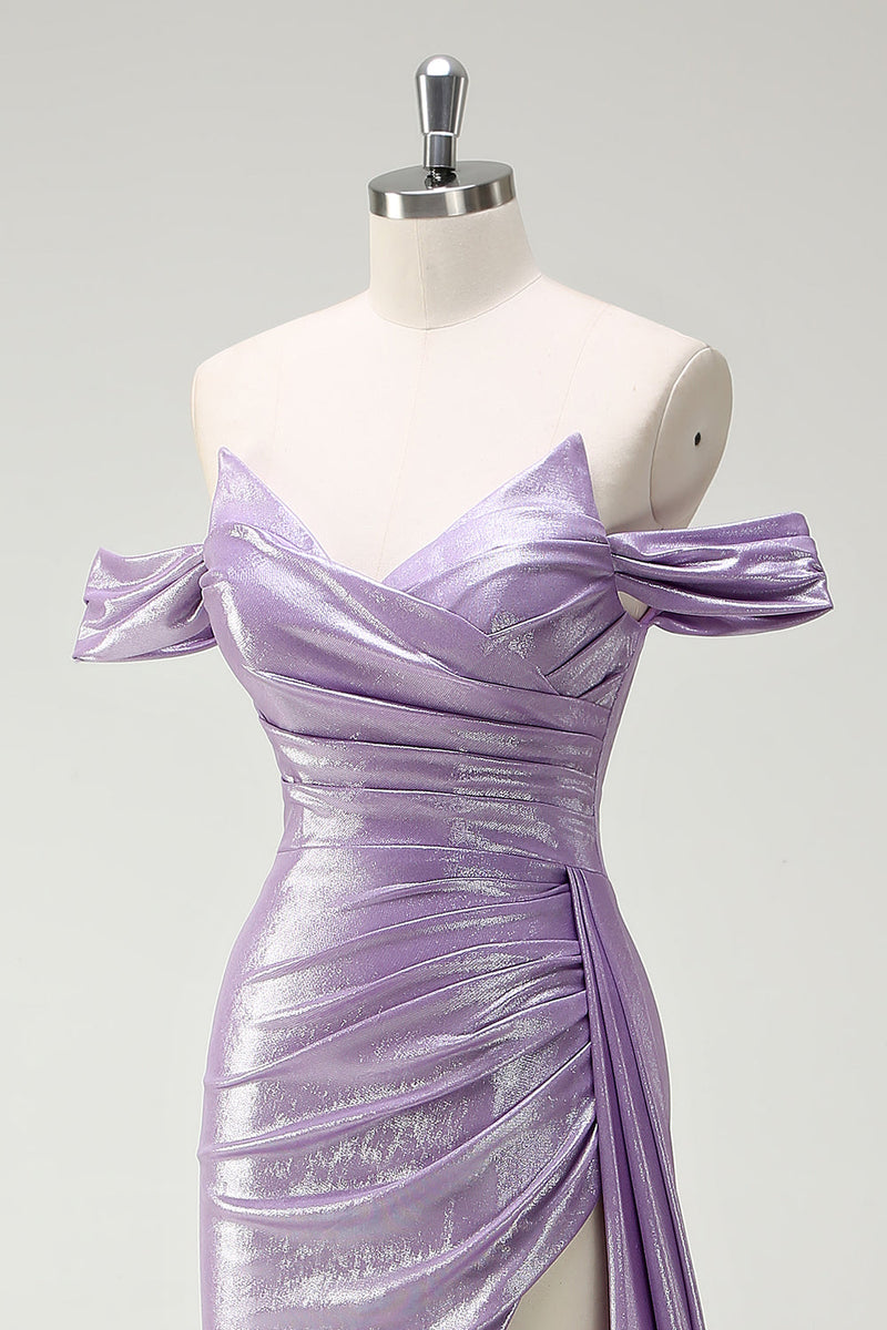 Load image into Gallery viewer, Glitter Off The Shoulder Lilac Ruched Side Cape Prom Dress with Slit