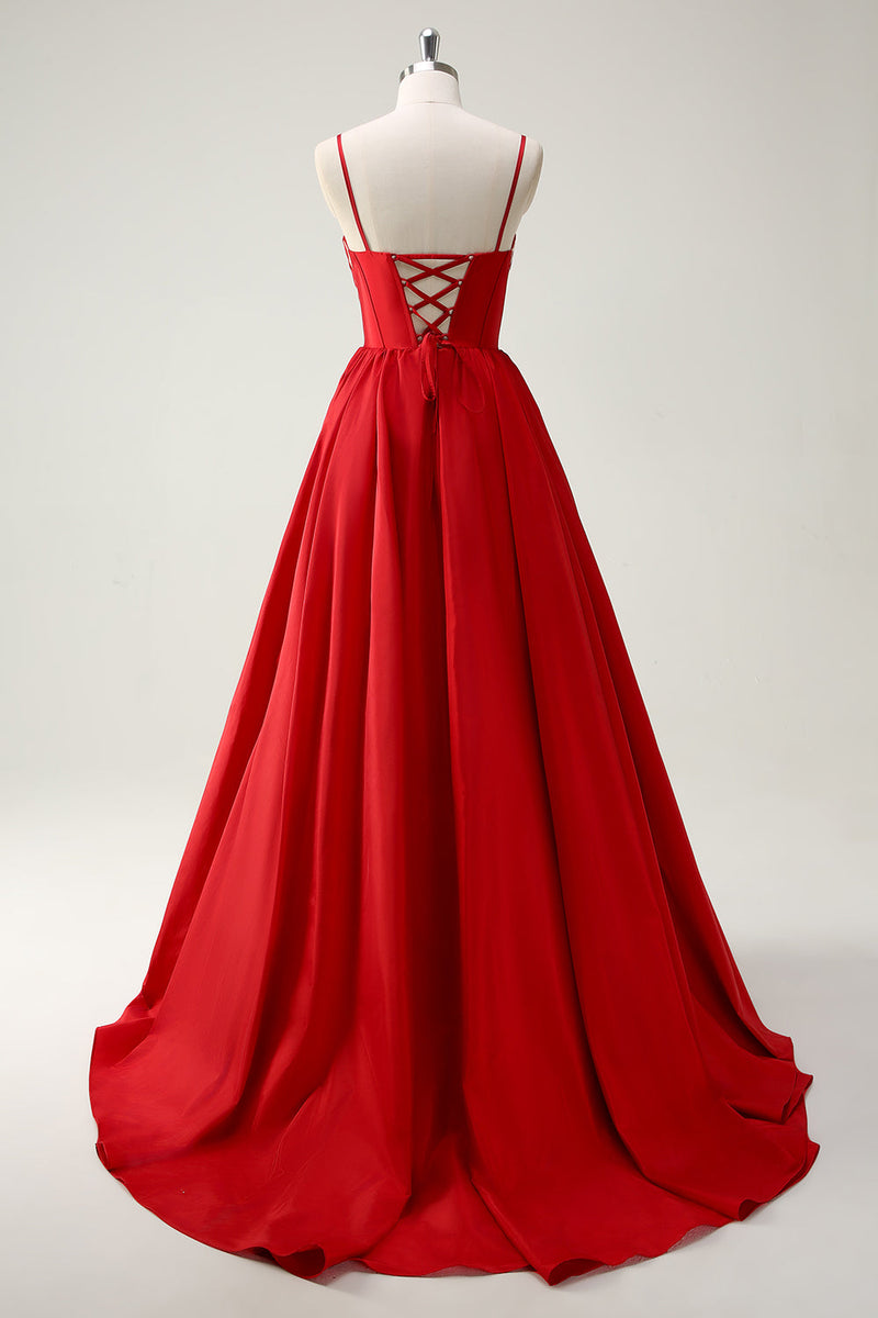 Load image into Gallery viewer, Red Ball-Gown Spaghetti Straps Lace Up Back Long Prom Dress with Slit