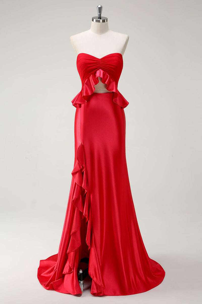 Load image into Gallery viewer, Red Sweetheart Mermaid Long Prom Dress with Slit