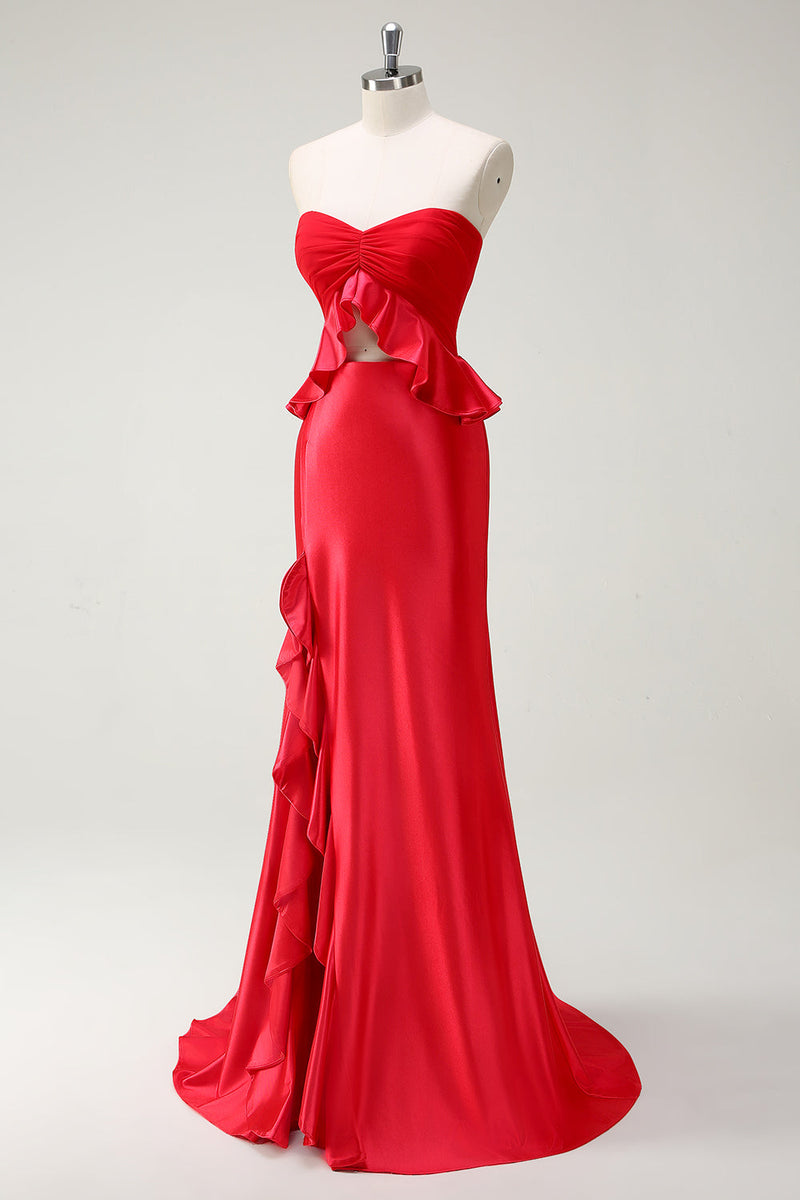 Load image into Gallery viewer, Red Sweetheart Mermaid Long Prom Dress with Slit