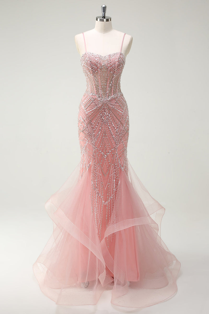 Load image into Gallery viewer, Sparkly Pink Mermaid Spaghetti Straps Corset Long Prom Dress