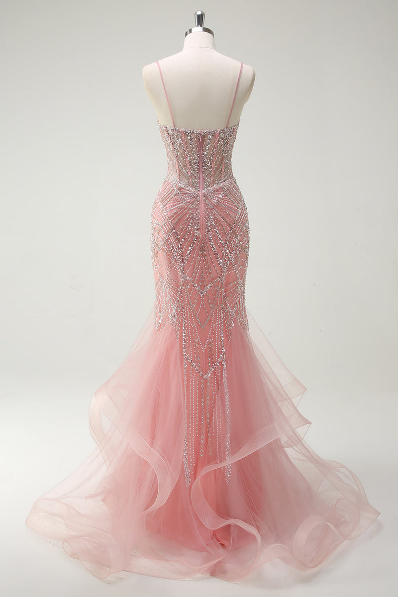 Load image into Gallery viewer, Sparkly Pink Mermaid Spaghetti Straps Corset Long Prom Dress