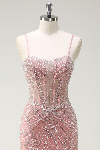 Sparkly Pink Mermaid Spaghetti Straps Corset Long Prom Dress