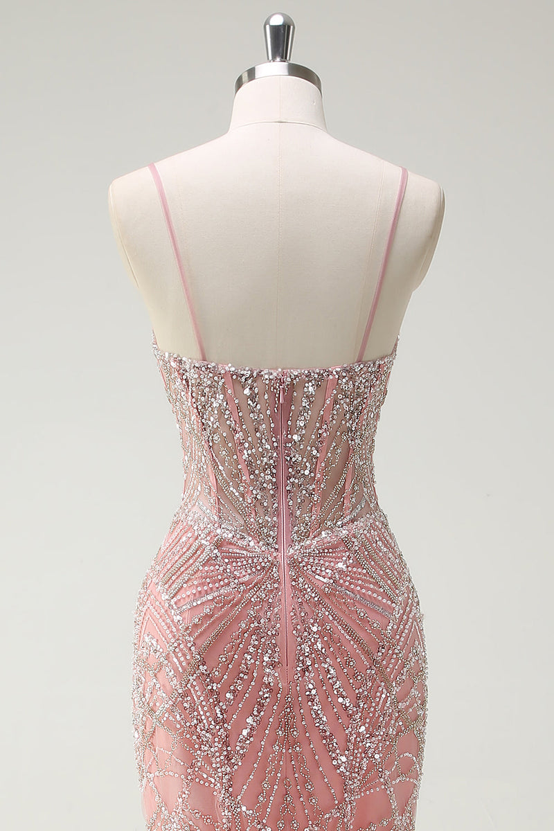 Load image into Gallery viewer, Sparkly Pink Mermaid Spaghetti Straps Corset Long Prom Dress