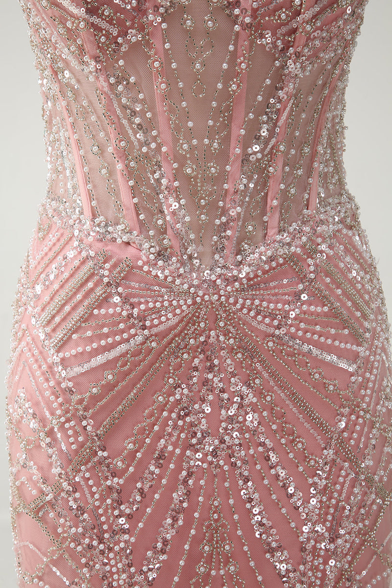 Load image into Gallery viewer, Sparkly Pink Mermaid Spaghetti Straps Corset Long Prom Dress