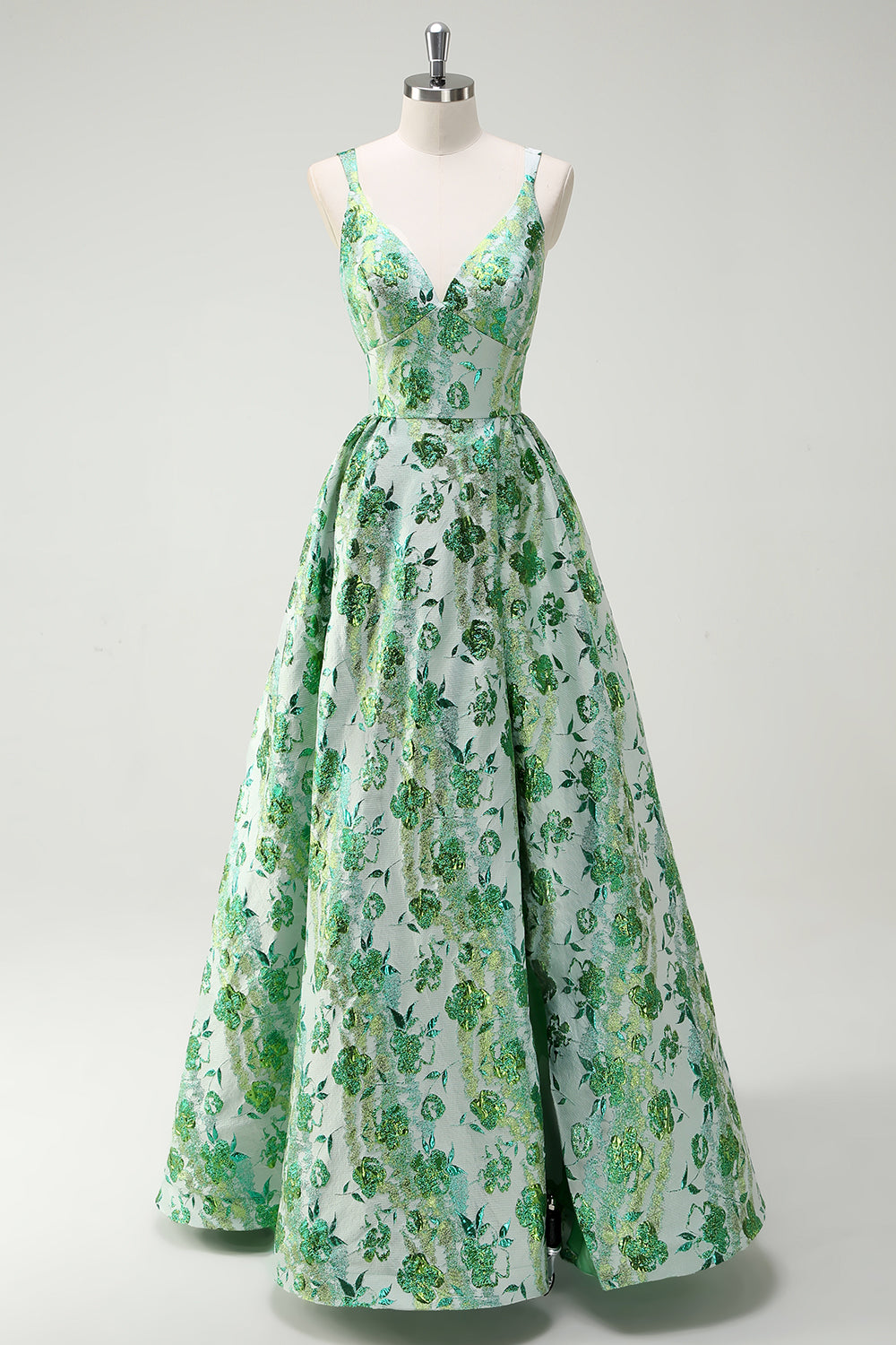 Sparkly Green Floral A-Line Spaghetti Straps Long Prom Dress