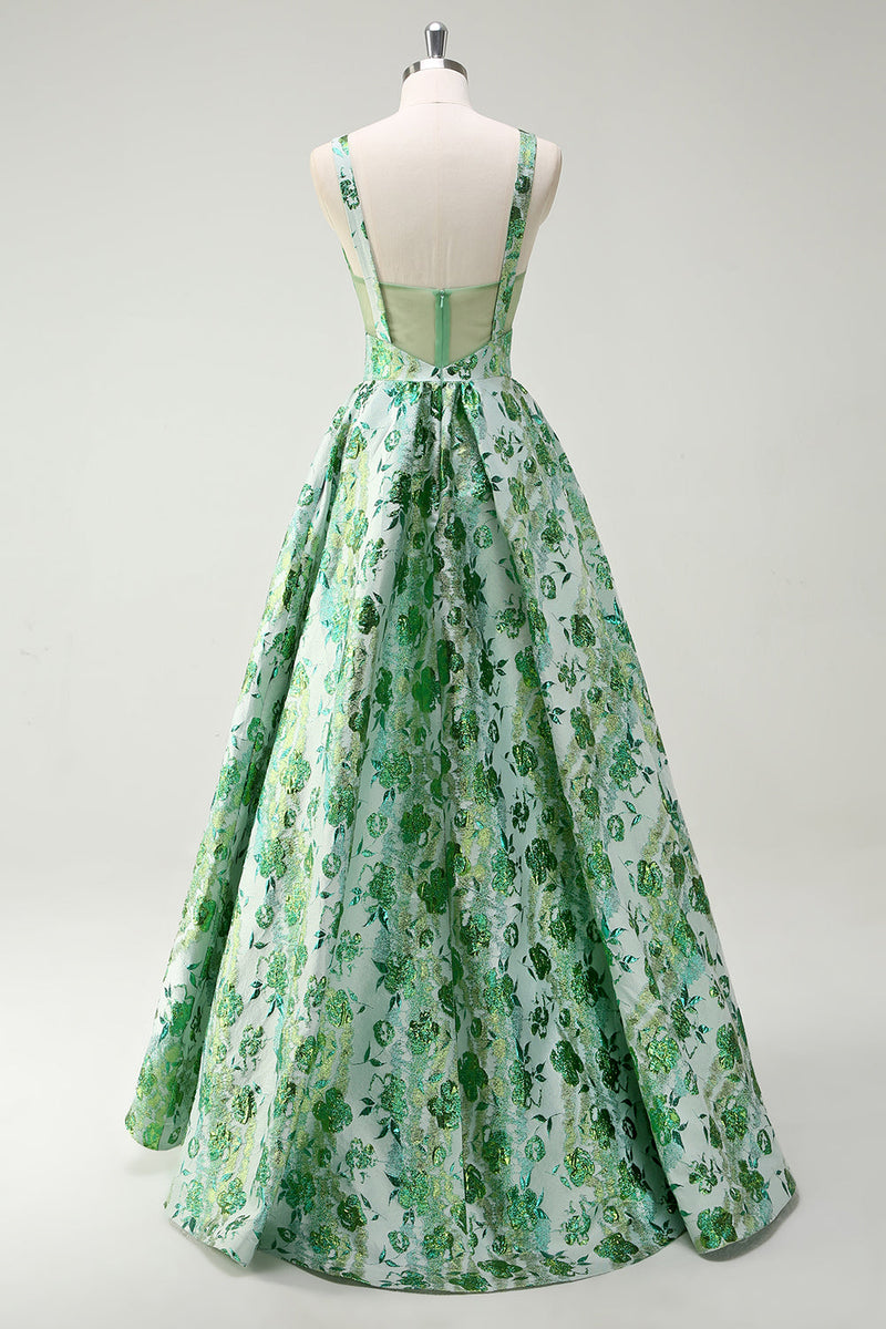 Load image into Gallery viewer, Sparkly Green Floral A-Line Spaghetti Straps Long Prom Dress