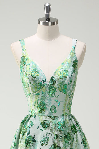 Sparkly Green Floral A-Line Spaghetti Straps Long Prom Dress