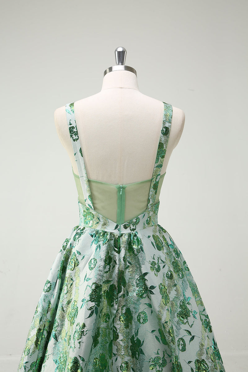 Load image into Gallery viewer, Sparkly Green Floral A-Line Spaghetti Straps Long Prom Dress