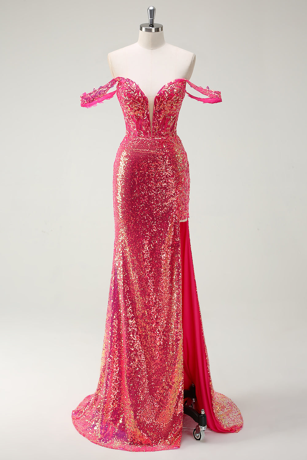 Fuchsia Mermaid Sequined Off The Shoulder Prom Dress