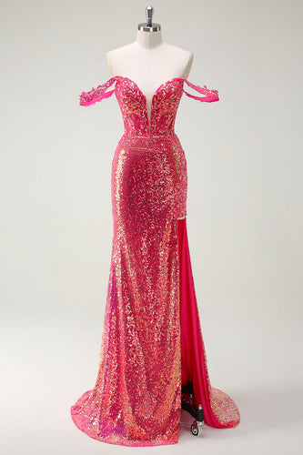 Fuchsia Mermaid Sequined Off The Shoulder Prom Dress