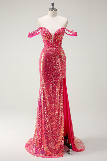 Fuchsia Mermaid Sequined Off The Shoulder Prom Dress