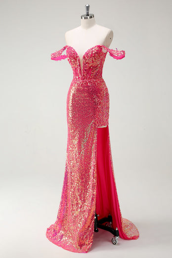 Fuchsia Mermaid Sequined Off The Shoulder Prom Dress