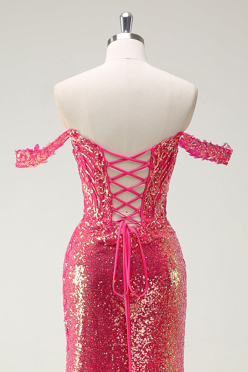 Load image into Gallery viewer, Fuchsia Mermaid Sequined Off The Shoulder Prom Dress