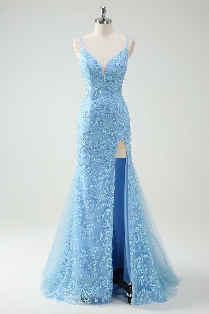 Load image into Gallery viewer, Sky Blue Mermaid Spaghetti Straps Appliqued Long Prom Dress with Slit