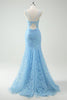 Load image into Gallery viewer, Sky Blue Mermaid Spaghetti Straps Appliqued Long Prom Dress with Slit