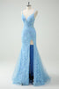 Load image into Gallery viewer, Sky Blue Mermaid Spaghetti Straps Appliqued Long Prom Dress with Slit