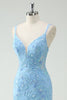 Load image into Gallery viewer, Sky Blue Mermaid Spaghetti Straps Appliqued Long Prom Dress with Slit