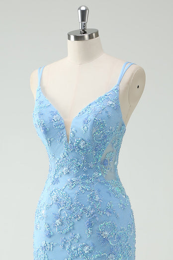 Sky Blue Mermaid Spaghetti Straps Appliqued Long Prom Dress with Slit