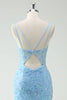 Load image into Gallery viewer, Sky Blue Mermaid Spaghetti Straps Appliqued Long Prom Dress with Slit