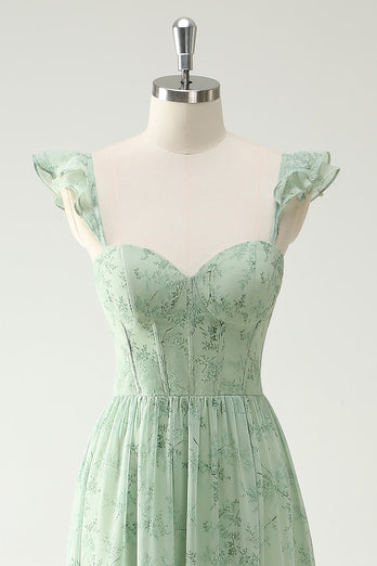 A Line Green Flower Ruffles Straps Long Corset Prom Dress with Split Front