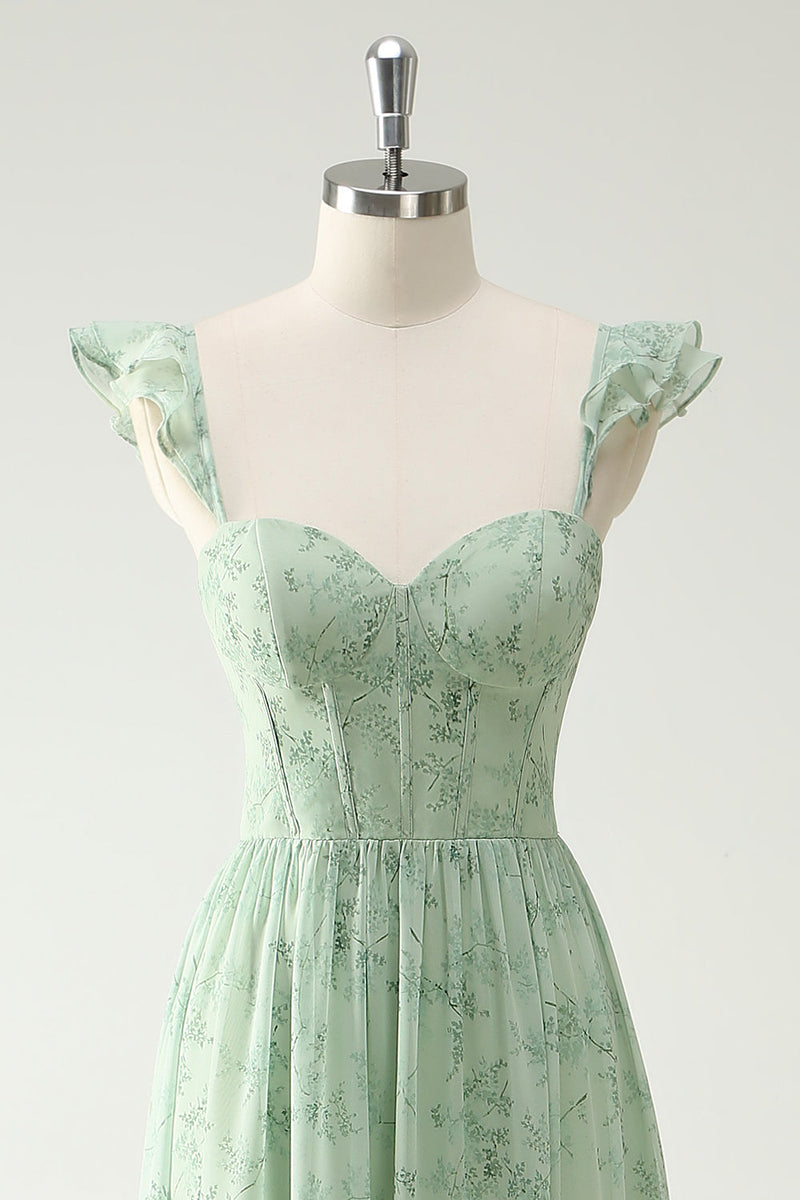 Load image into Gallery viewer, A Line Green Flower Ruffles Straps Long Corset Prom Dress with Split Front