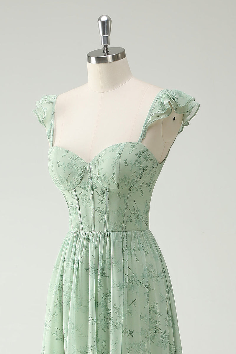 Load image into Gallery viewer, A Line Green Flower Ruffles Straps Long Corset Prom Dress with Split Front