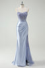 Load image into Gallery viewer, Light Blue Mermaid Ruched Long Prom Dress with Appliqued Beading