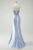 Load image into Gallery viewer, Light Blue Mermaid Ruched Long Prom Dress with Appliqued Beading