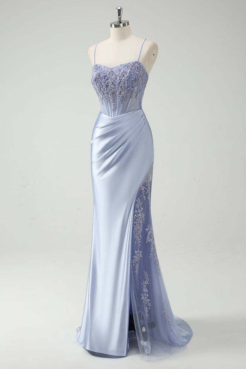 Load image into Gallery viewer, Light Blue Mermaid Ruched Long Prom Dress with Appliqued Beading