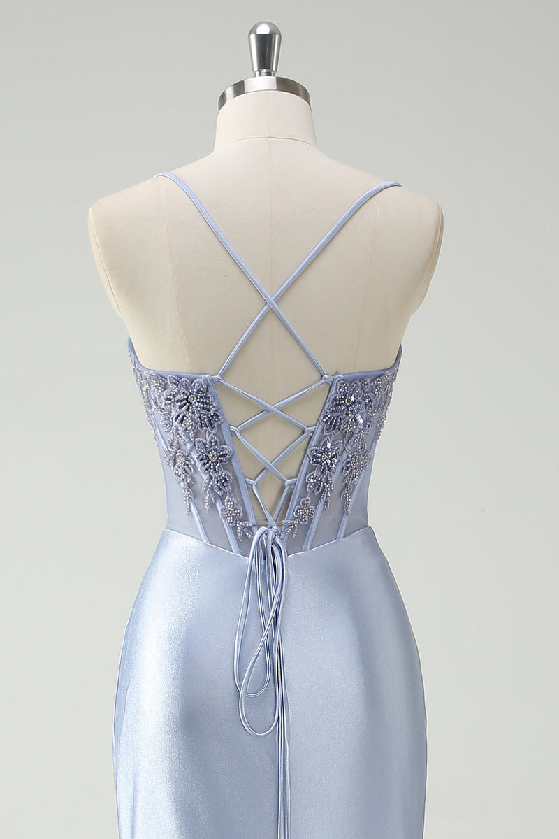 Load image into Gallery viewer, Light Blue Mermaid Ruched Long Prom Dress with Appliqued Beading