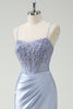 Load image into Gallery viewer, Light Blue Mermaid Ruched Long Prom Dress with Appliqued Beading