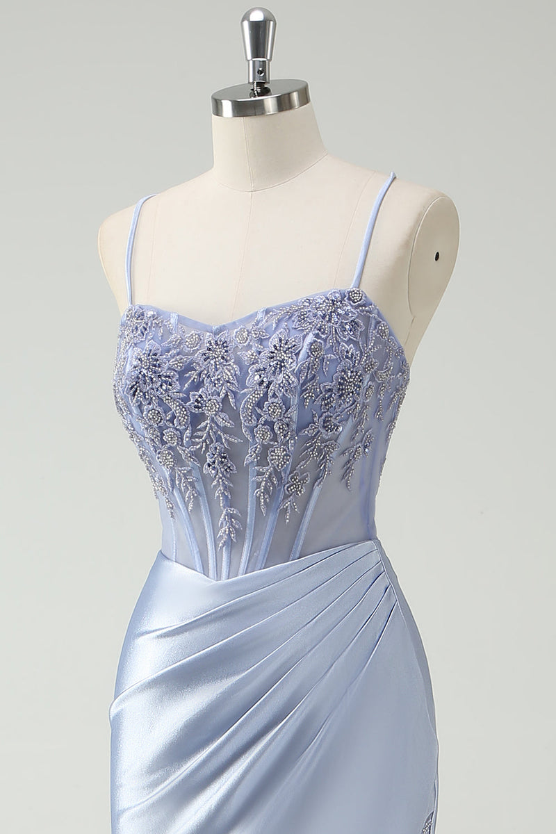 Load image into Gallery viewer, Light Blue Mermaid Ruched Long Prom Dress with Appliqued Beading