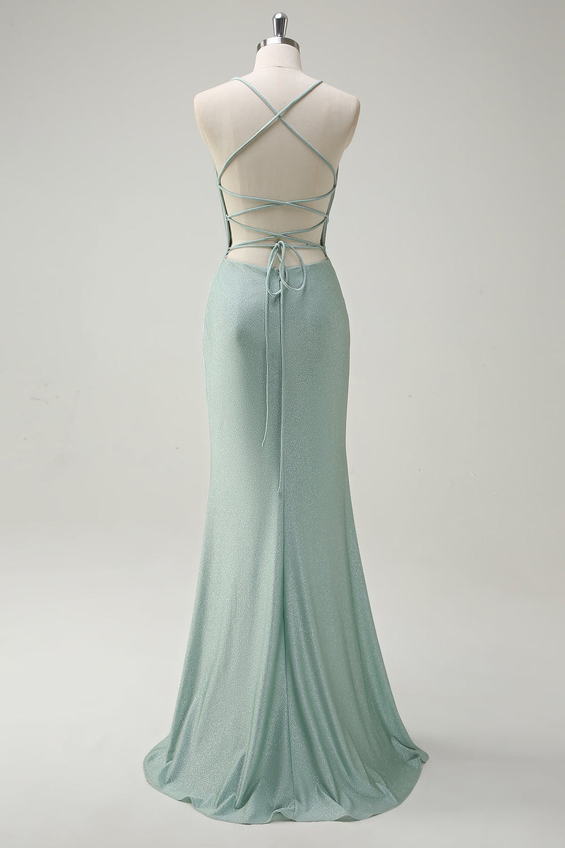 Load image into Gallery viewer, Sage Mermaid Spaghetti Straps Ruched Long Prom Dress with Lace Up Back