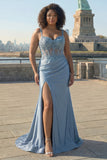 Grey Blue Corset Satin Mermaid Beaded Ruched Long Plus Size Prom Dress with Slit