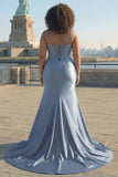 Grey Blue Corset Satin Mermaid Beaded Ruched Long Plus Size Prom Dress with Slit