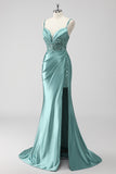 Green Sequin Mermaid Satin Ruched Long Prom Dress with Slit
