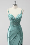 Green Sequin Mermaid Satin Ruched Long Prom Dress with Slit