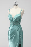 Green Sequin Mermaid Satin Ruched Long Prom Dress with Slit