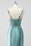 Green Sequin Mermaid Satin Ruched Long Prom Dress with Slit