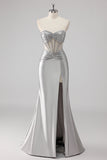 Grey Beaded Strapless Satin Mermaid Long Prom Dress with Slit